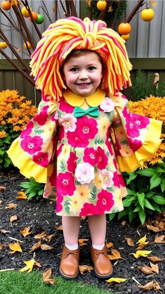 Child in a bright floral dress resembling a Cabbage Patch Doll costume with curly yarn hair and rosy cheeks.